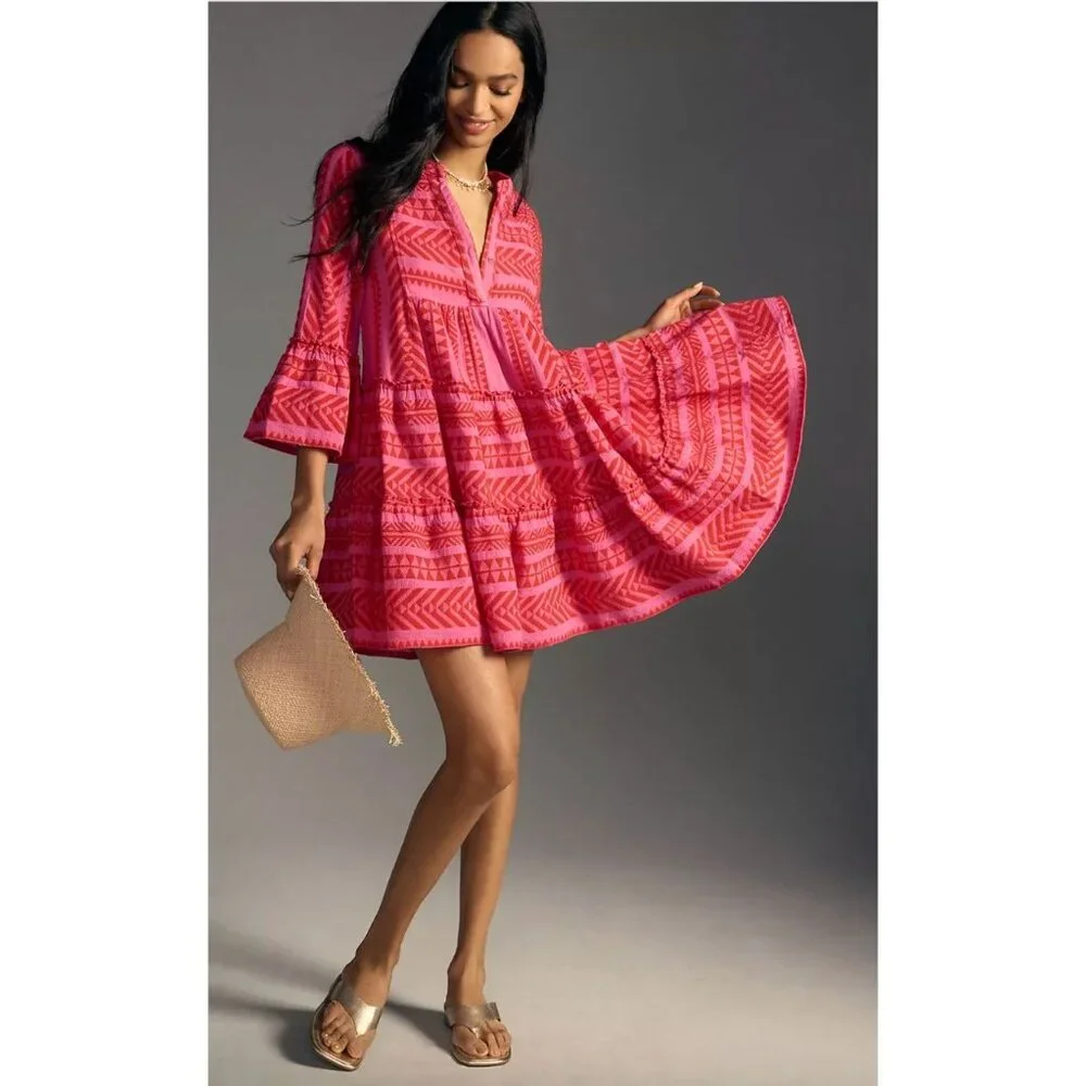 Anthropologie Devotions Twins Embroidered Ella Tunic Dress Bright Red Size Small